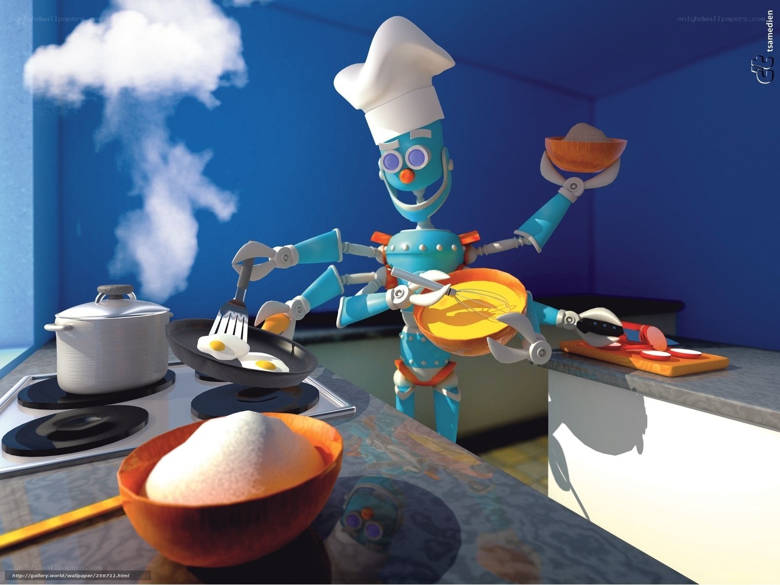 Robot chef cooking in kitchen