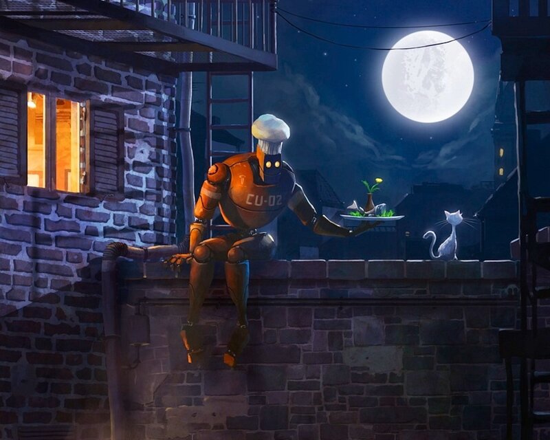 Robot Chef on Rooftop — Blue