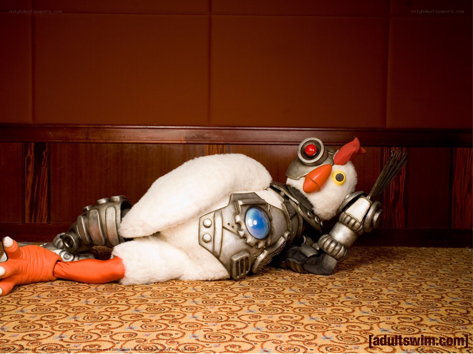 Robot chicken character lying down