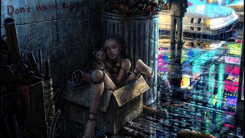 Robot child in rainy alley