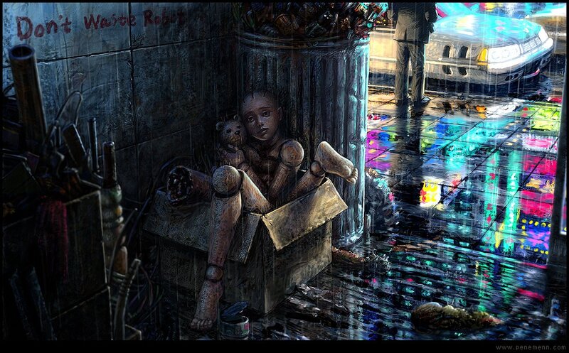 Robot child in rainy alley