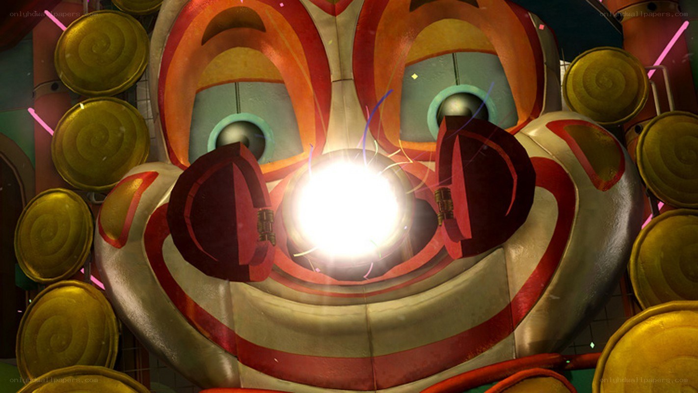 robot clown with glowing eyes