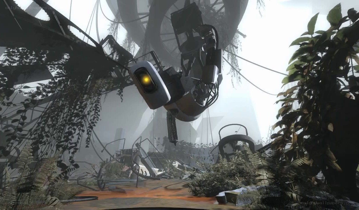 robot companion in overgrown facility
