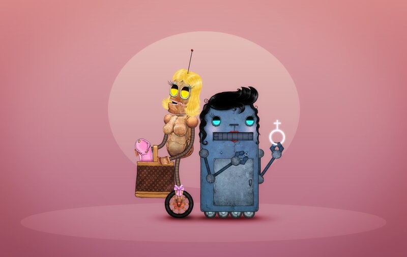 robot couple with shopping