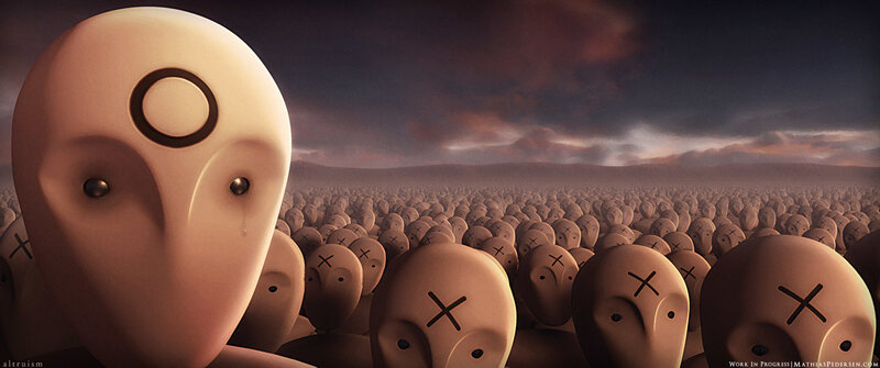 robot crowd under stormy sky