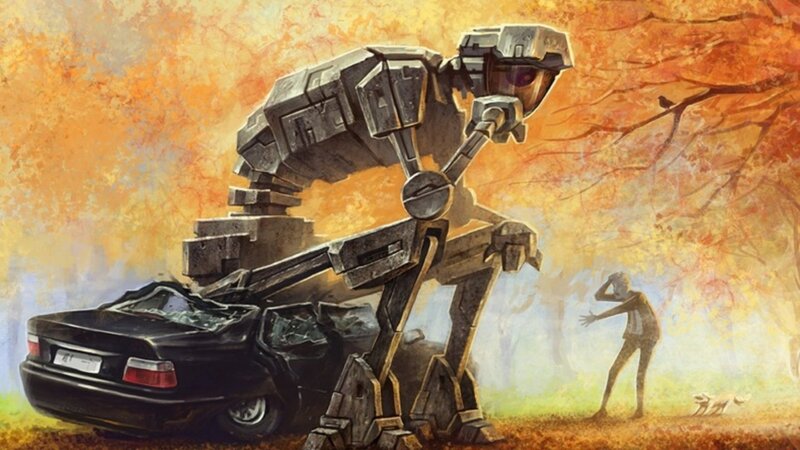 robot crushes car in autumn