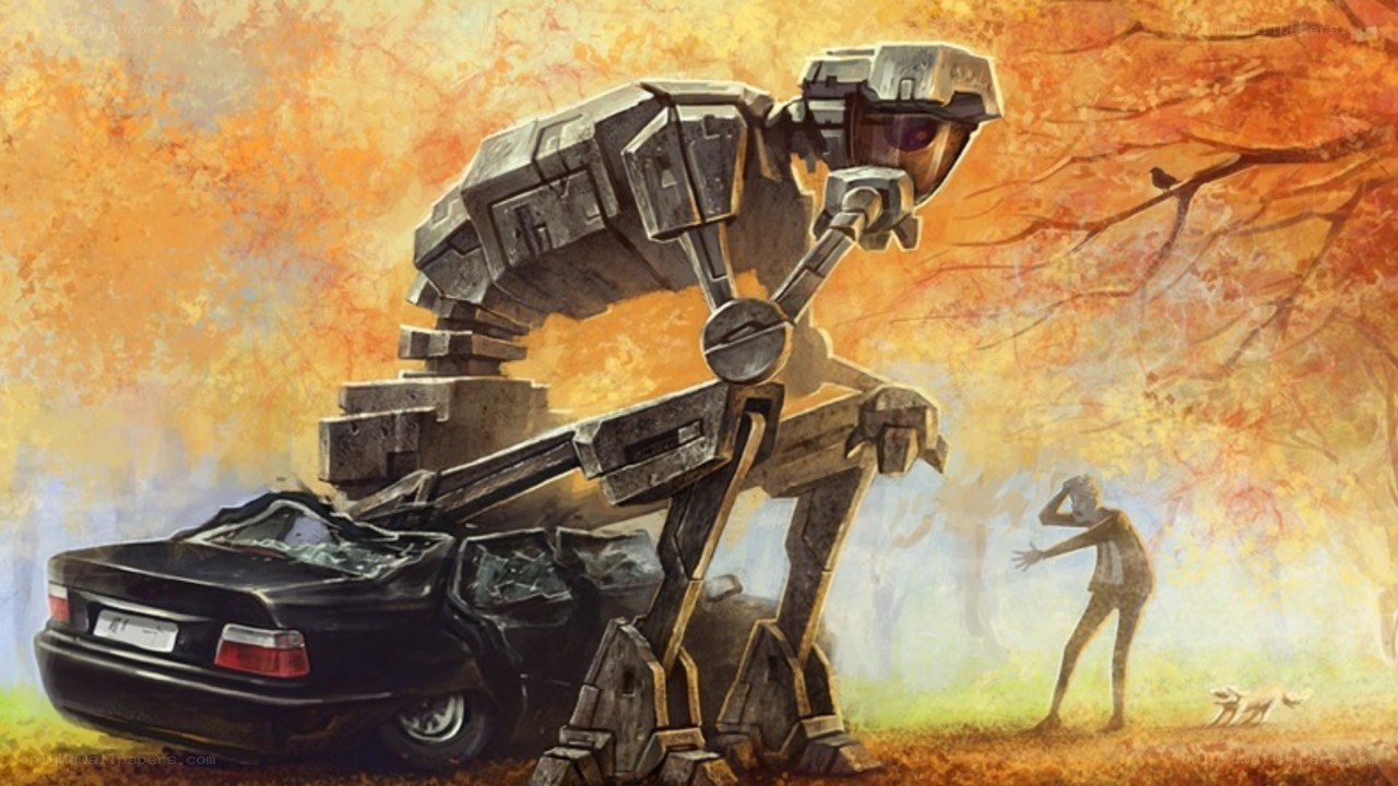 robot crushes car in autumn