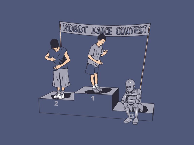 Robot Dance Contest — Blue, Humorous, Illustration, People