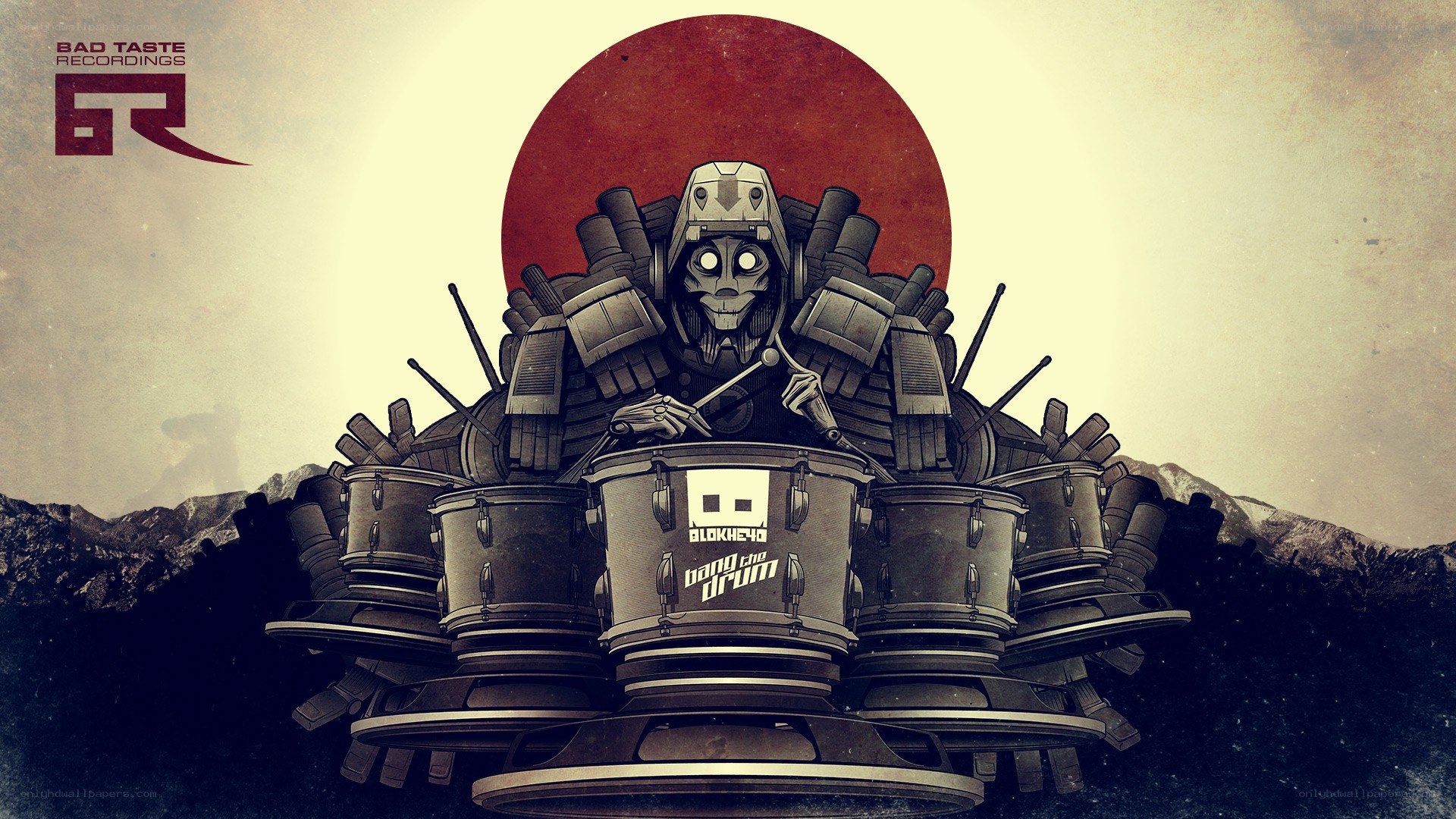 robot drummer with sun backdrop
