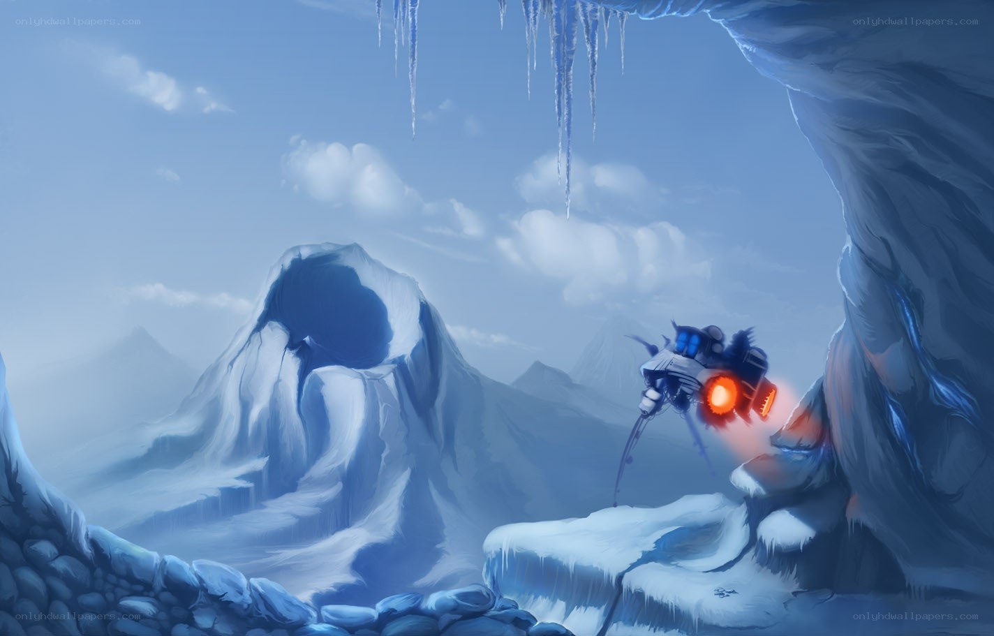 robot exploring icy cave