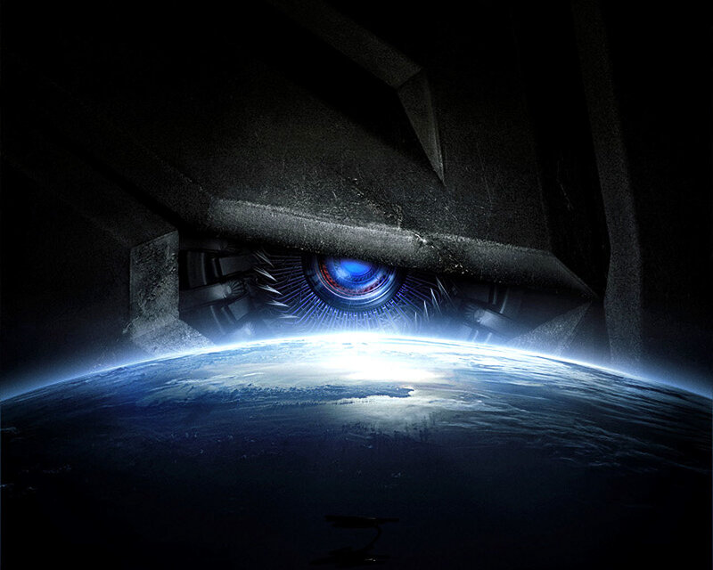 robot eye watching earth