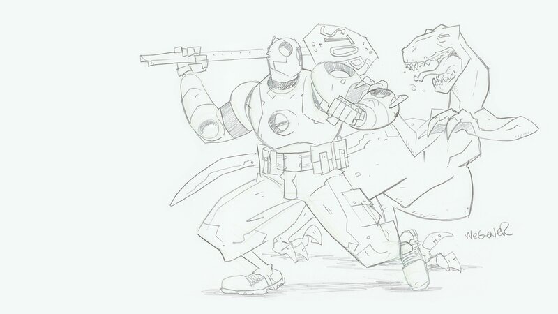 robot fighting dinosaur