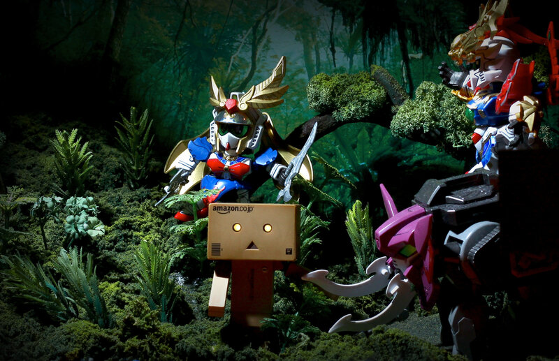 Robot figures in forest scene