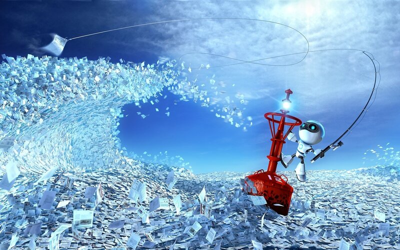robot fishing in paper sea