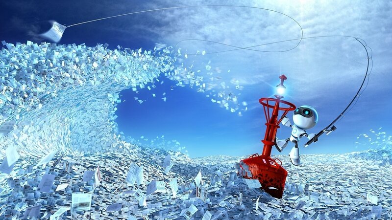 robot fishing in paper sea