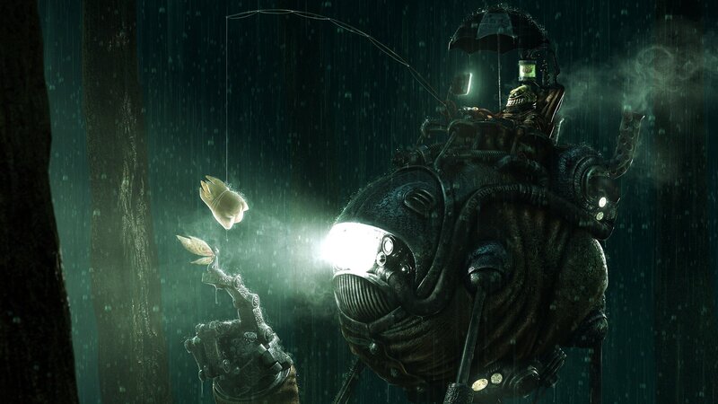 robot fishing in the rain