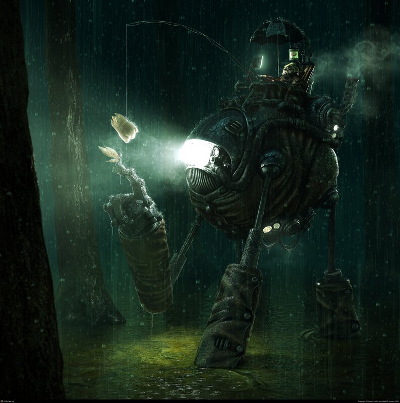 robot fishing in the rain