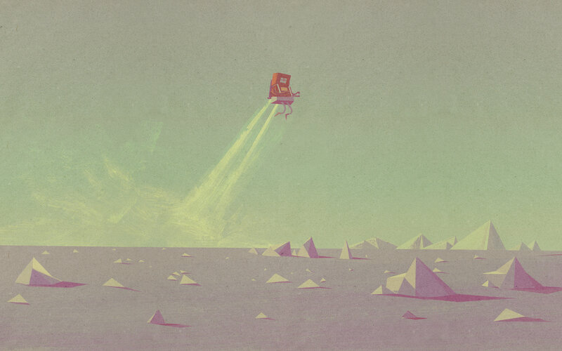 robot flying over alien landscape
