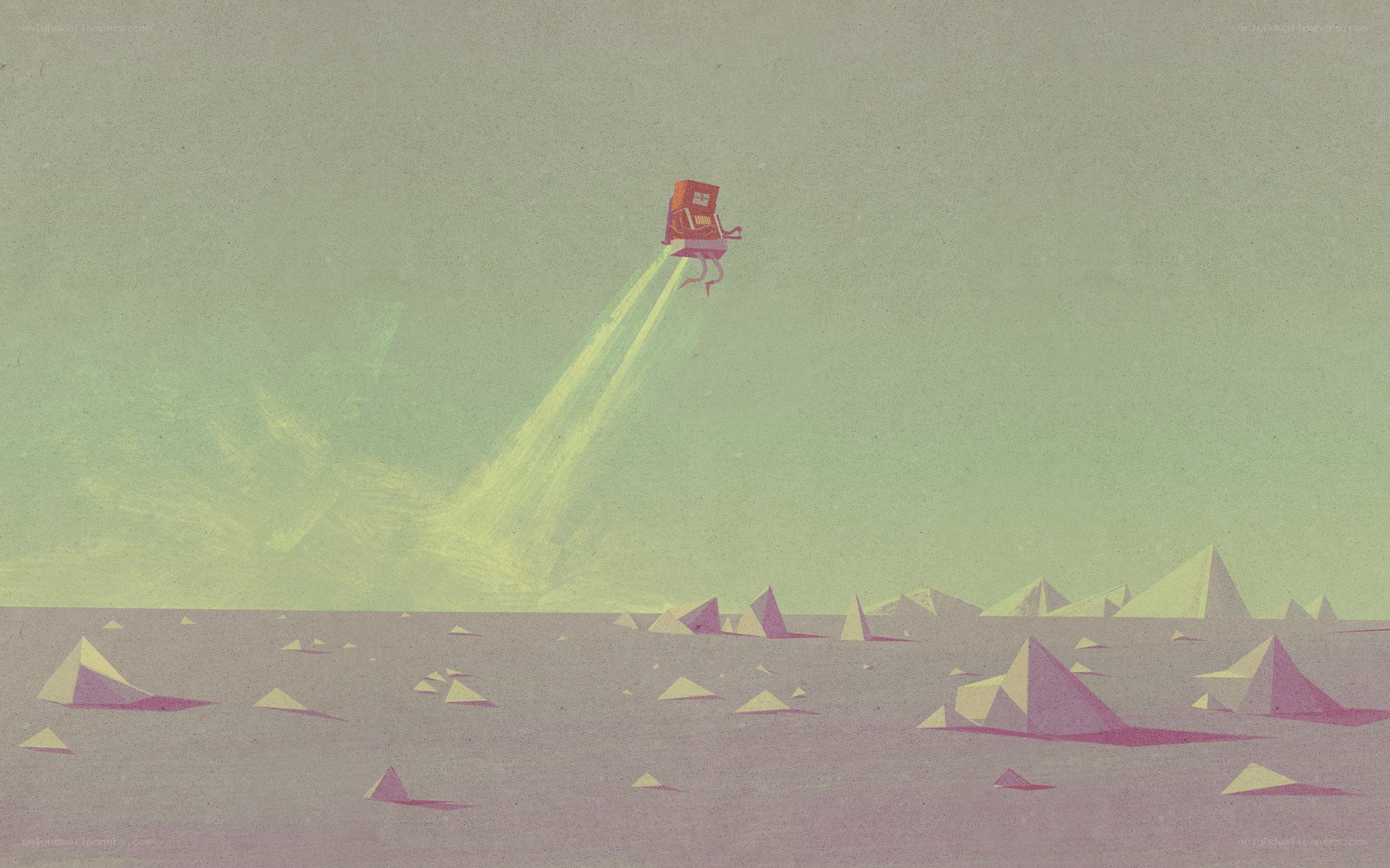 robot flying over alien landscape