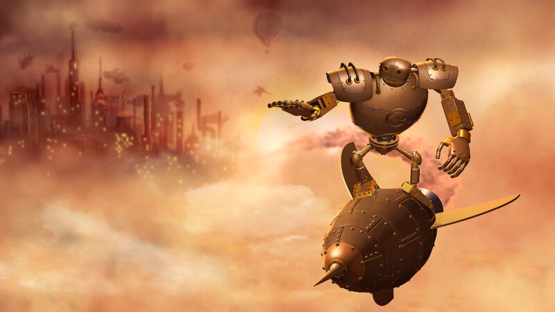 robot flying over city