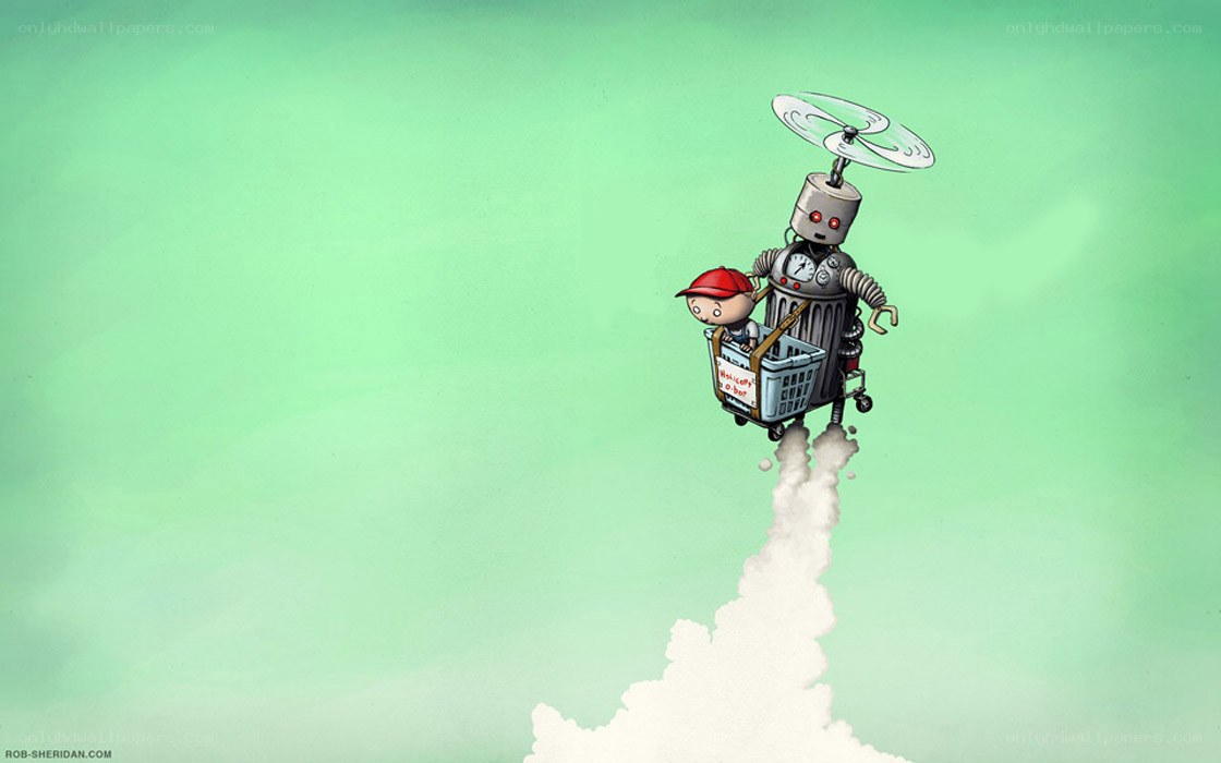 robot flying with child