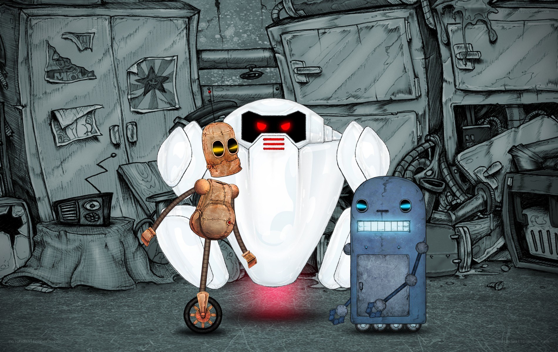 robot friends in junkyard