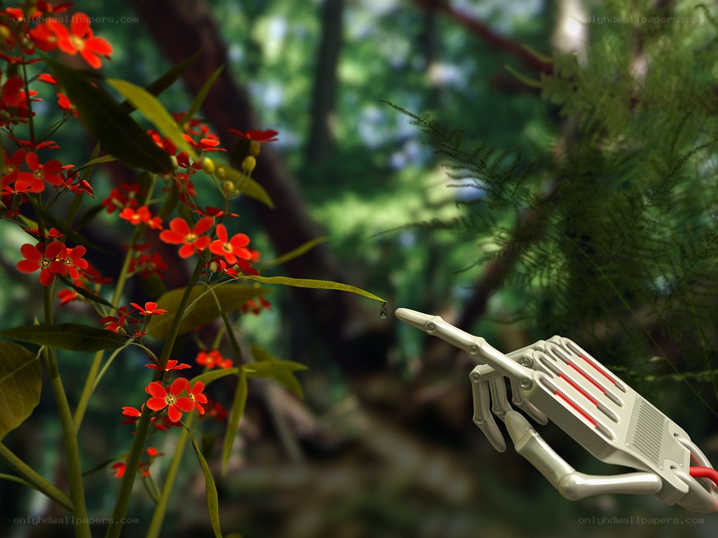 robot hand touching flower