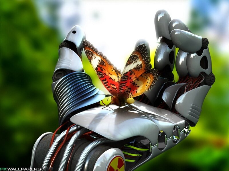 Robot Hand with Butterfly — White, Serene, 3d Render, Mechanical Arm, Green Background