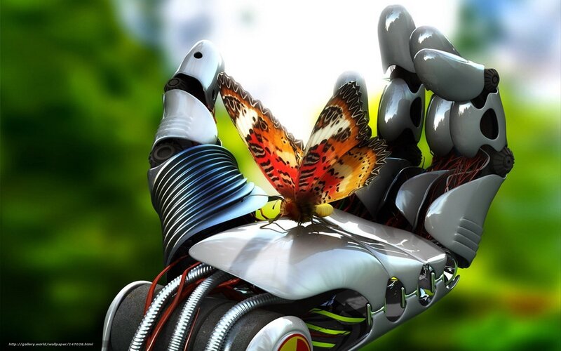 Robot Hand with Butterfly — White, Serene, 3d Render, Mechanical Arm