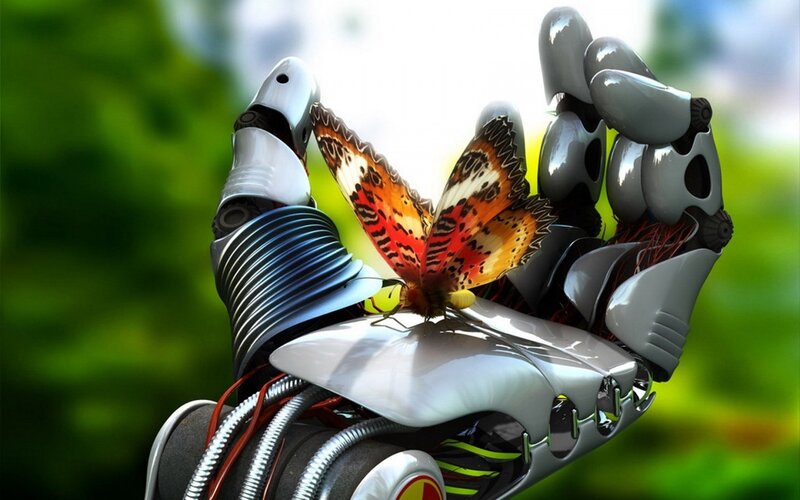 Robot Hand with Butterfly — White, Serene, 3d Render, Mechanical Parts