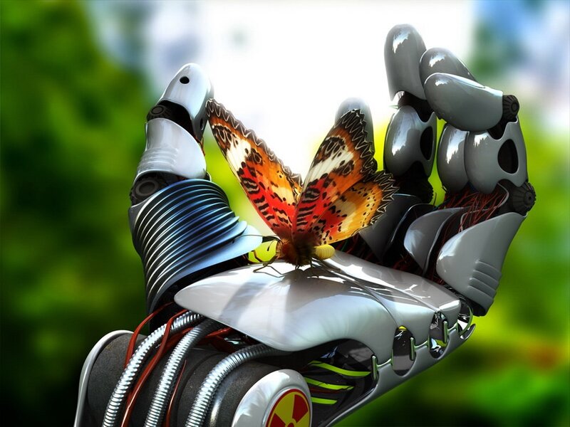 Robot Hand with Butterfly — White, Serene, 3d Render