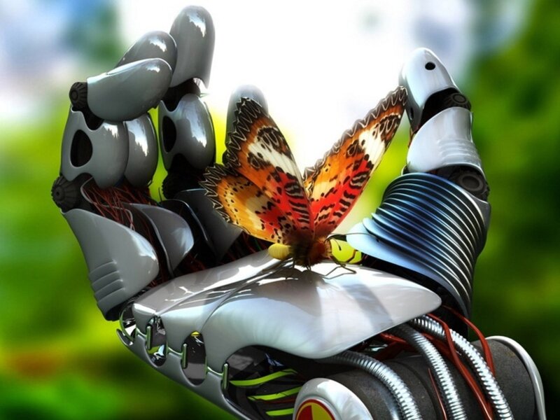 Robot Hand with Butterfly — White, Serene