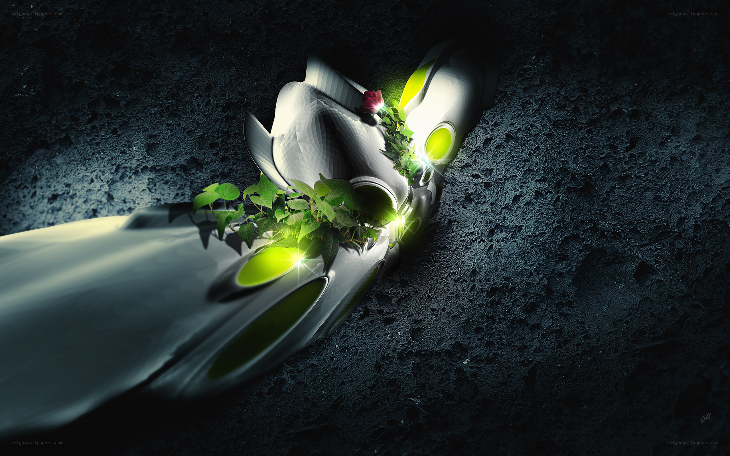 robot hand with green plants