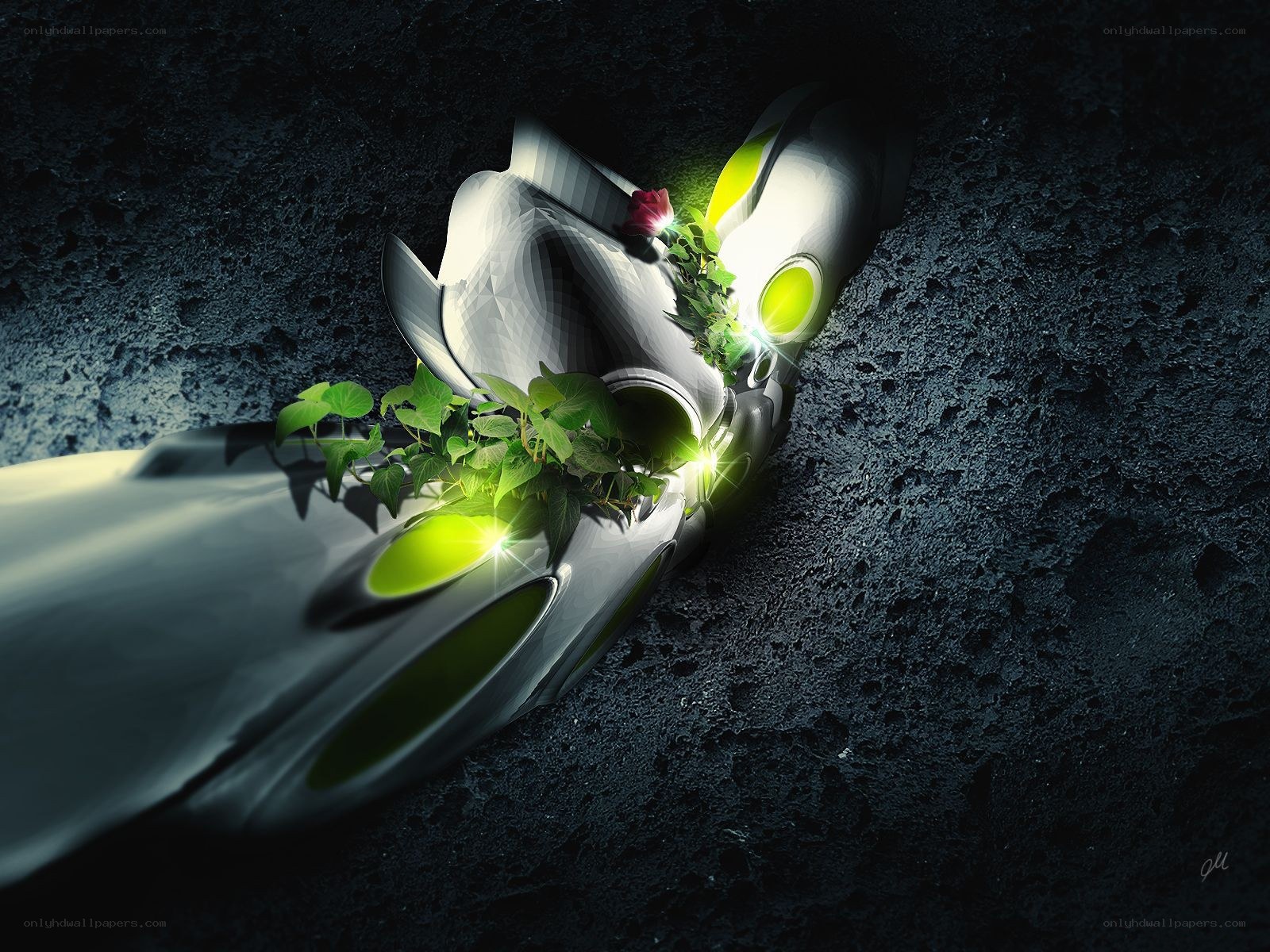 robot hand with green plants