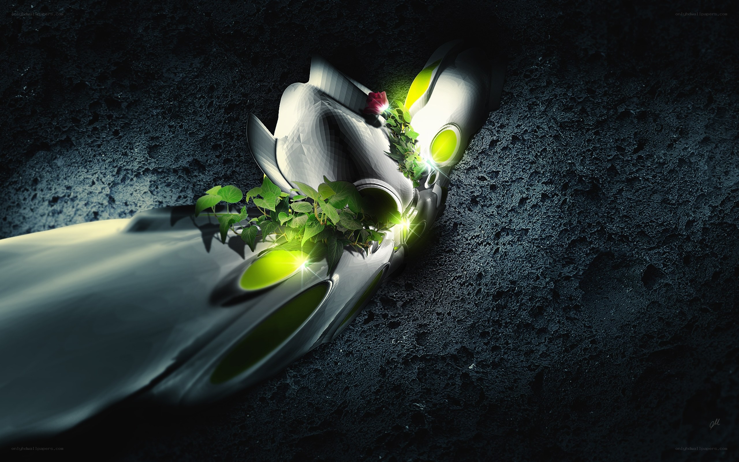 robot hand with green plants