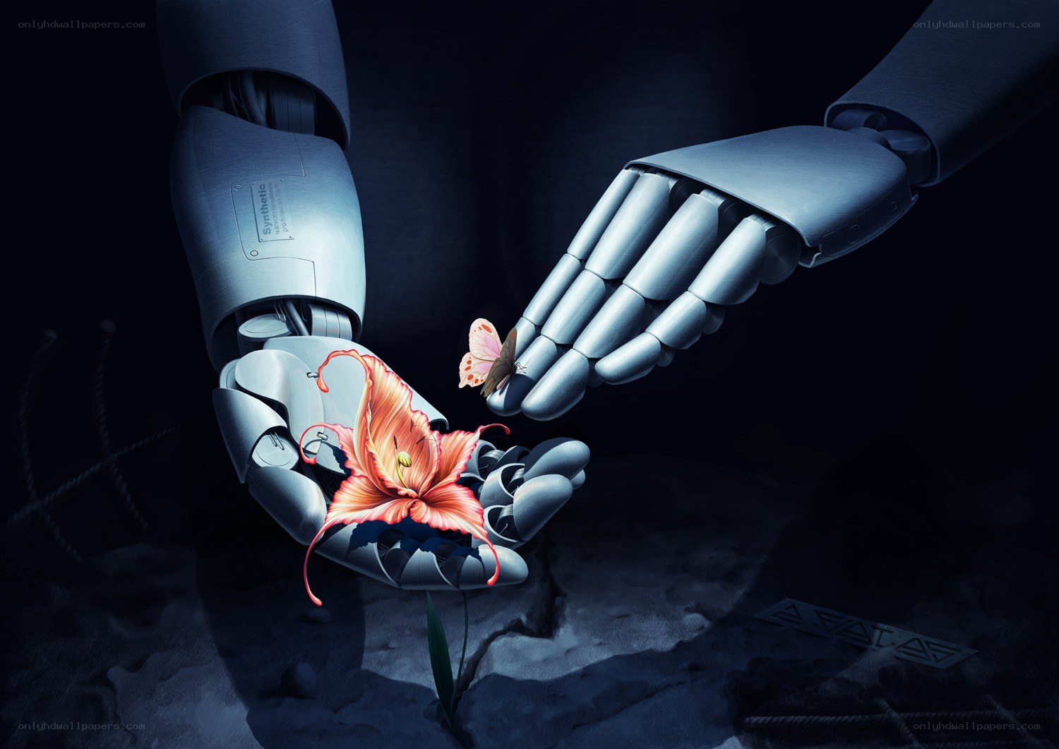 robot hands with flower and butterfly