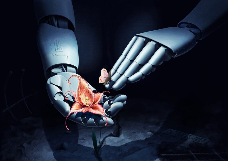 robot hands with flower and butterfly