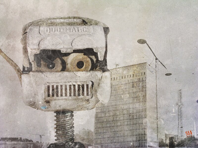 robot head in cityscape