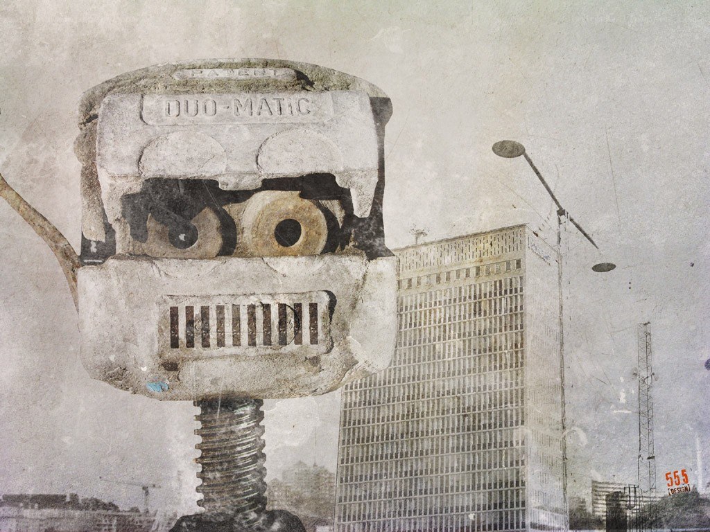 robot head in cityscape