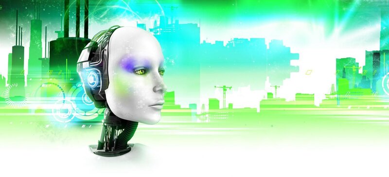 robot head in futuristic city