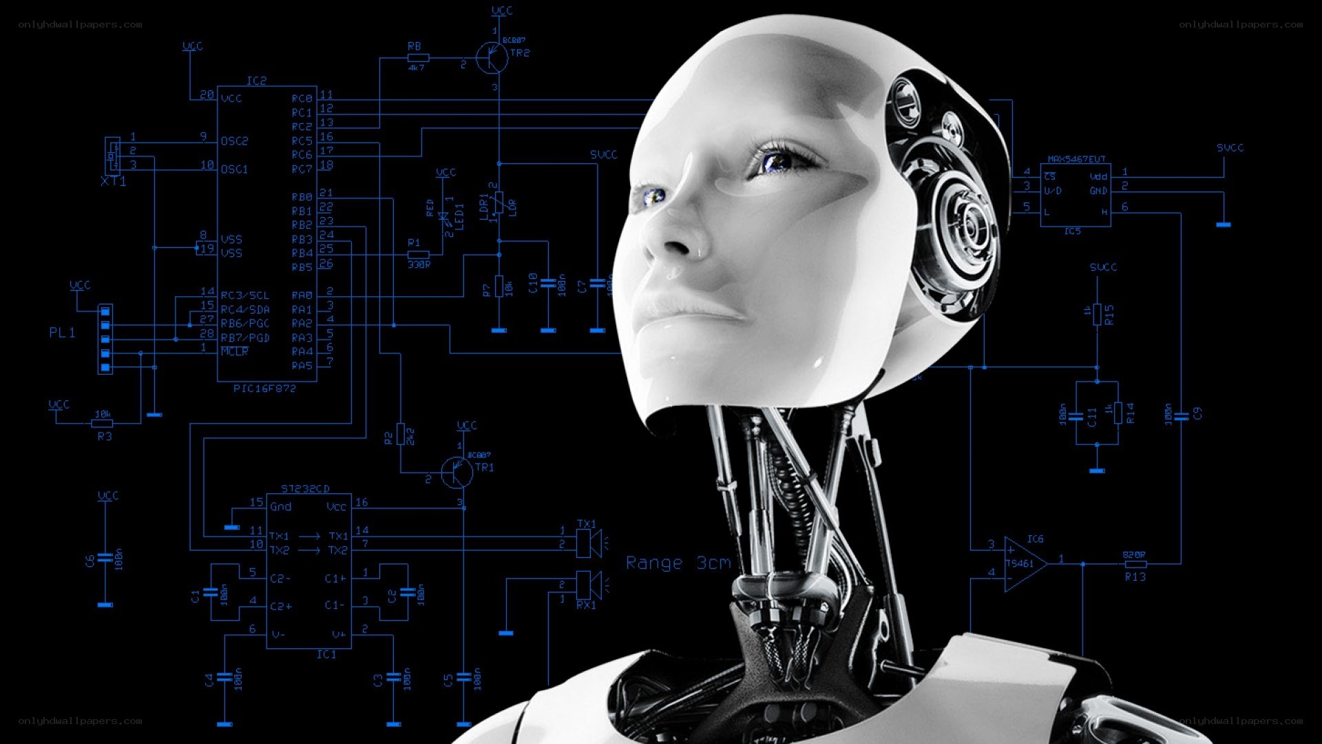 robot head with circuit diagram