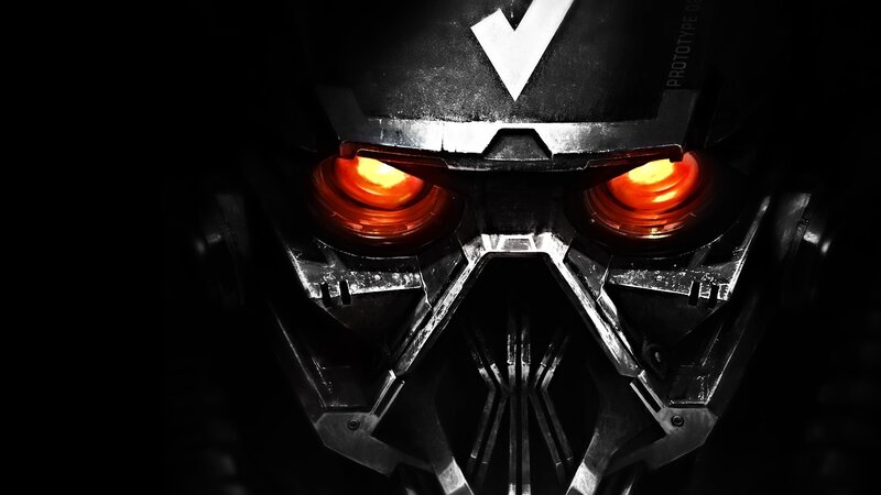 Robot Helmet with Glowing Eyes — Black, Dramatic