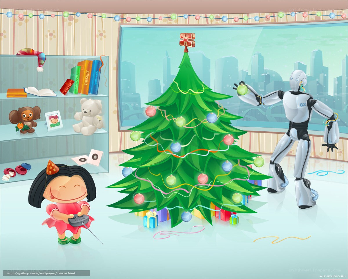 Robot helps child decorate tree