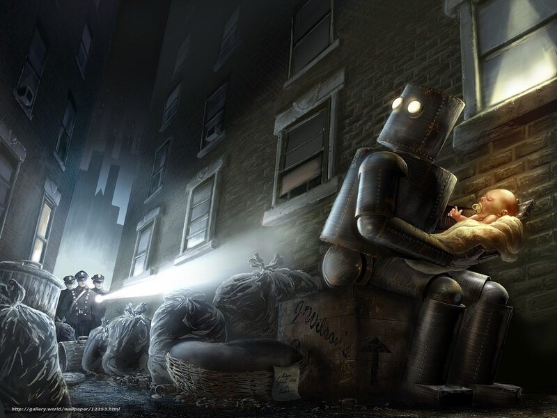 Robot holding a baby in alley