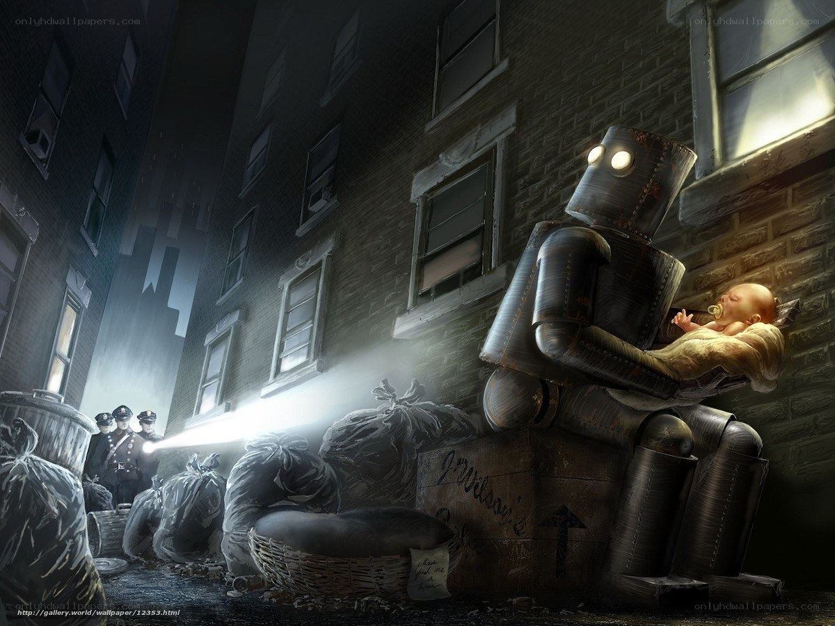 Robot holding a baby in alley