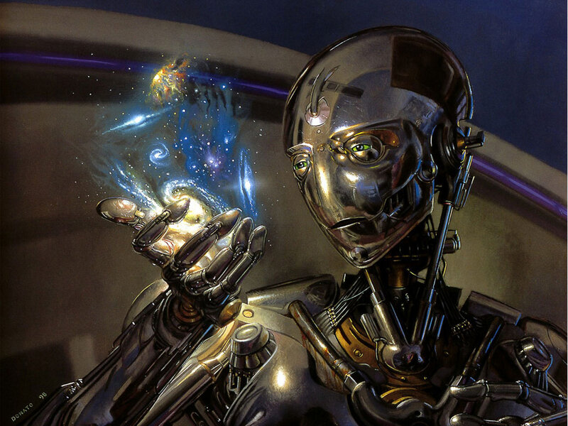 robot holding a galaxy