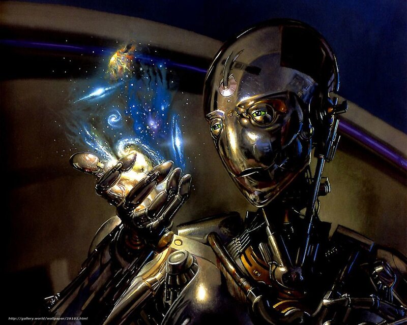 robot holding a galaxy