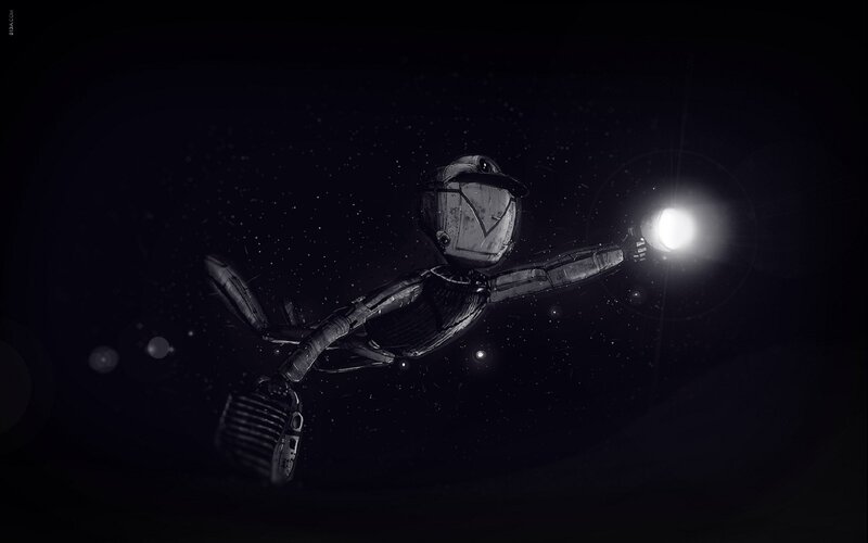 robot holding a light in space