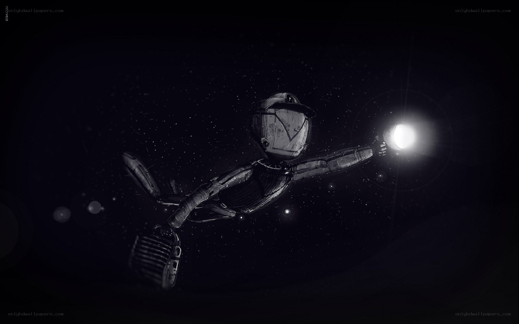 robot holding a light in space