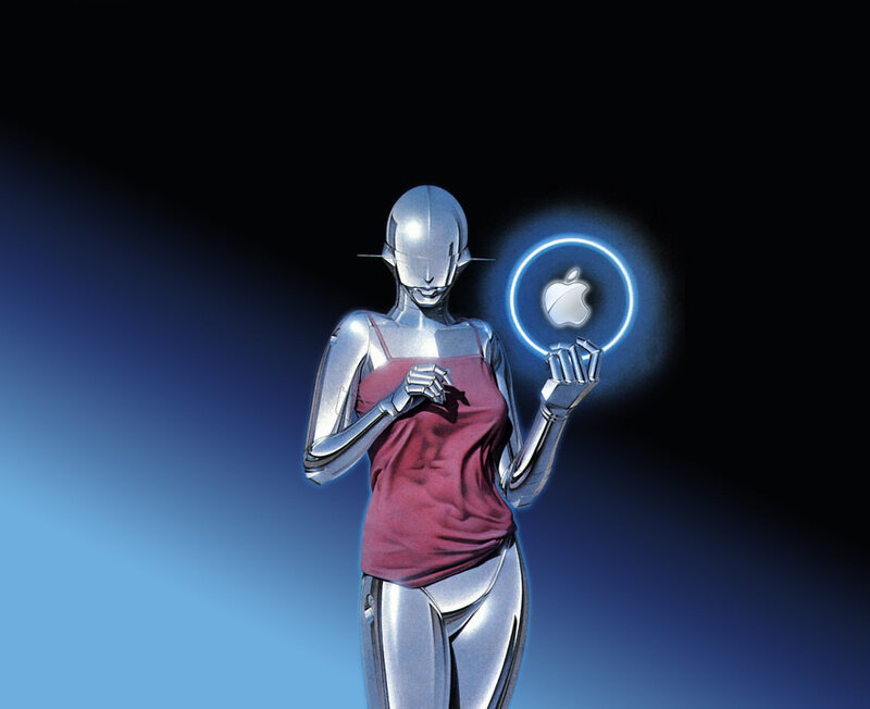 robot holding apple logo
